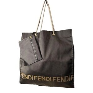 Fendi Black Logo Nylon Tote Bag with Pouch